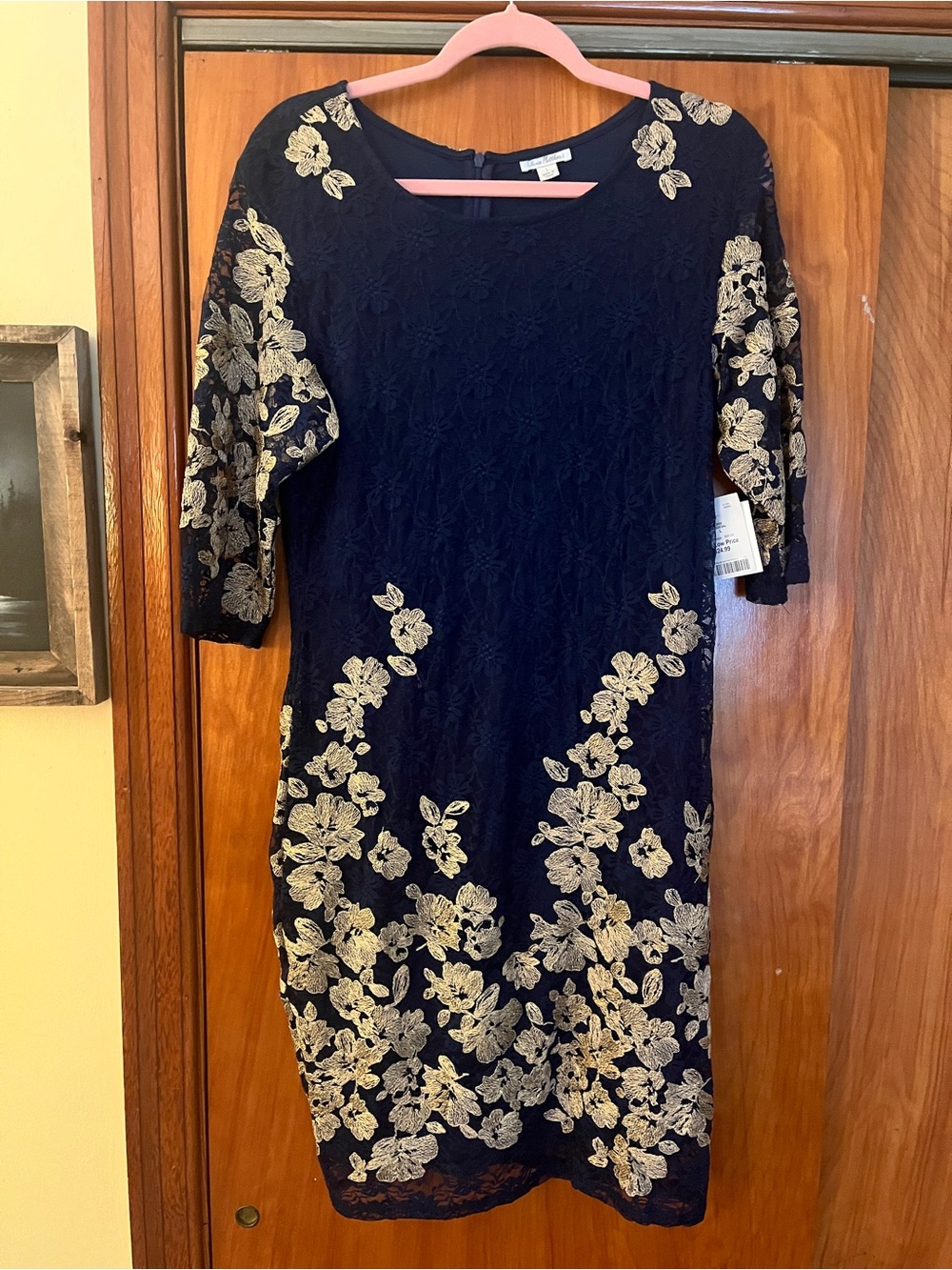 Navy Lace Sheath Dress with Gold Floral Embroidery